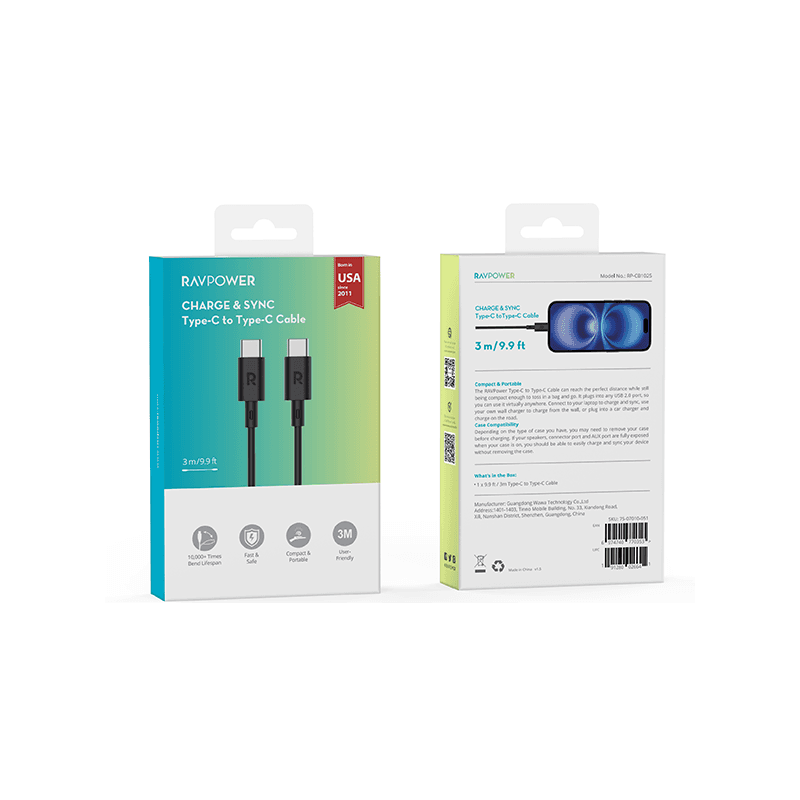 RavPower USB-C to USB-C Cable 3m - Black