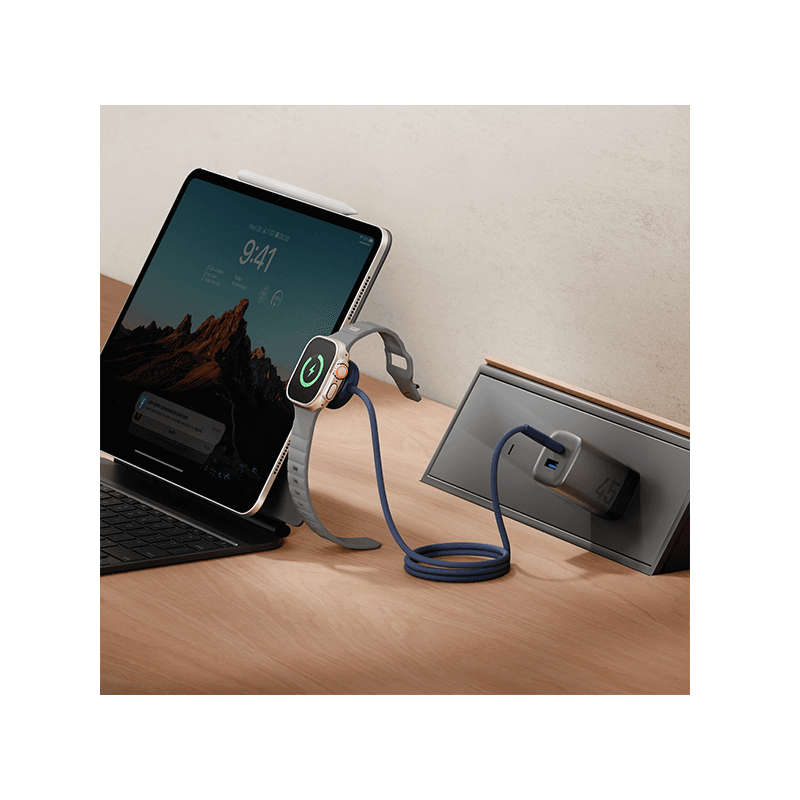 Energea Flow Duo 2-In-1 USB-C to USB-C With Apple Watch Charger 480Mbps 60W Cable 1.5M - Dark Cherry