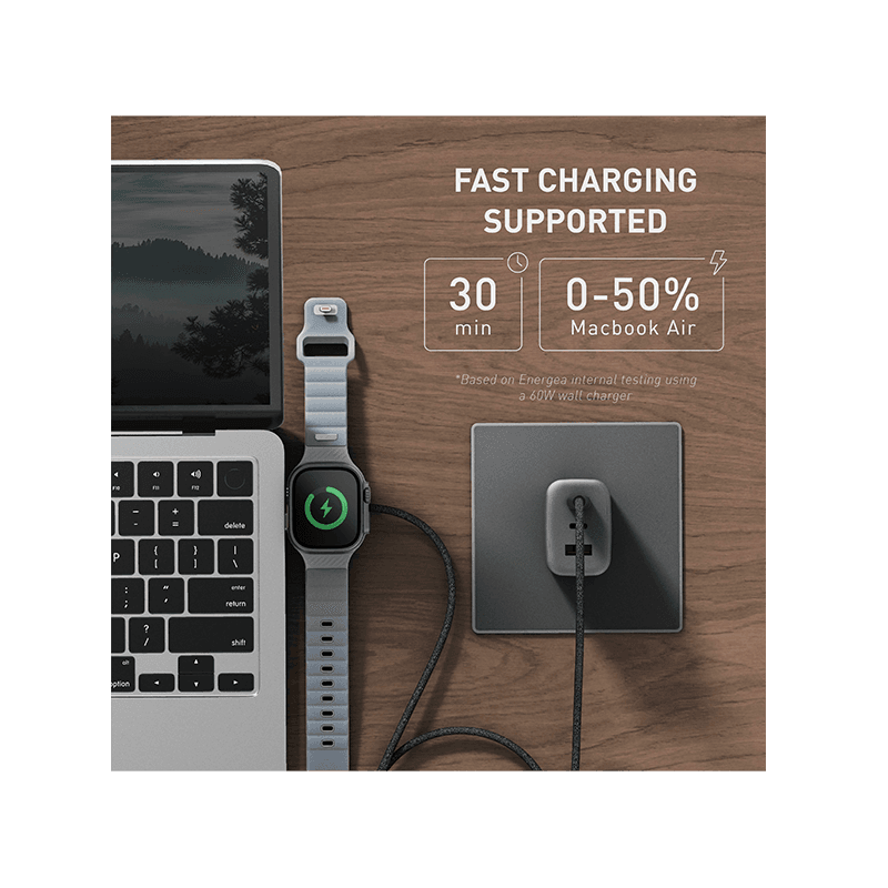 Energea Flow Duo 2-In-1 USB-C to USB-C With Apple Watch Charger 480Mbps 60W Cable 1.5M - Dark Cherry