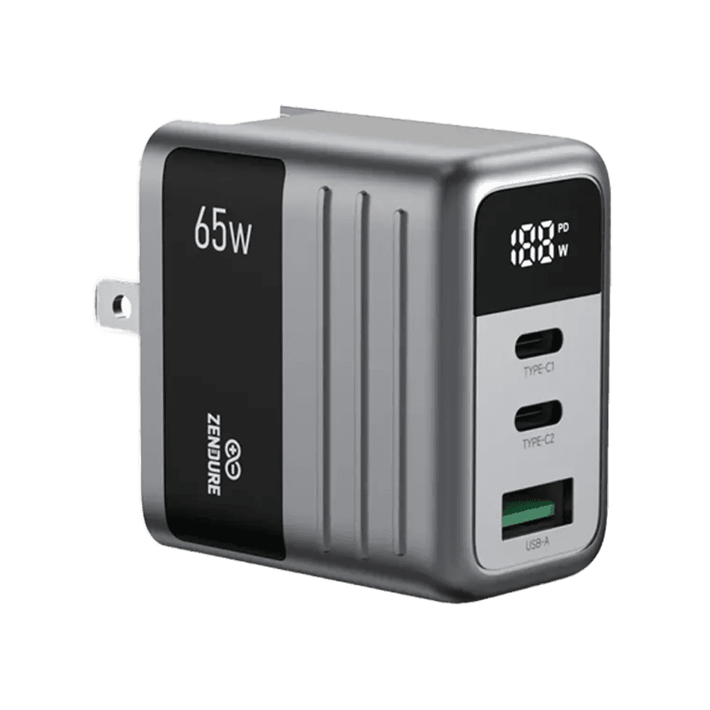 Zendure 2-Port USB-C and 1-Port USB-A 65W Wall Charger - Dark Grey