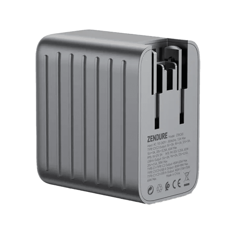 Zendure 2-Port USB-C and 1-Port USB-A 65W Wall Charger - Dark Grey