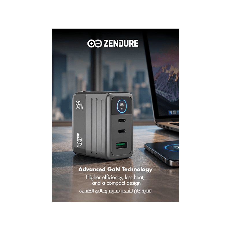 Zendure 2-Port USB-C and 1-Port USB-A 65W Wall Charger - Dark Grey