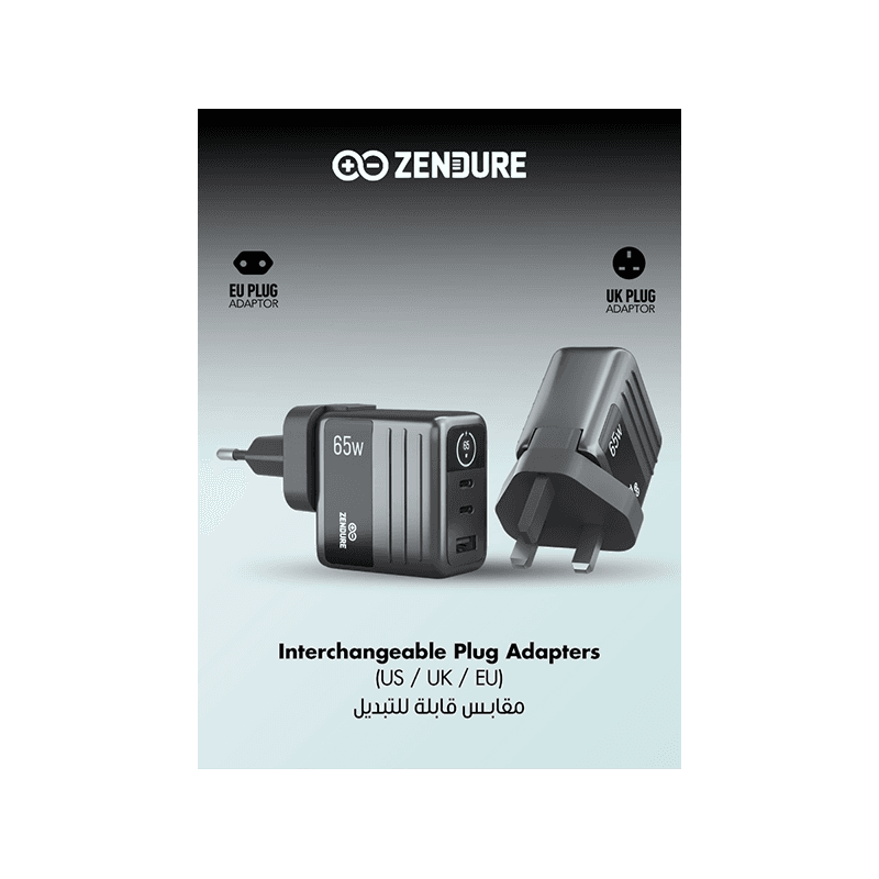 Zendure 2-Port USB-C and 1-Port USB-A 65W Wall Charger - Dark Grey