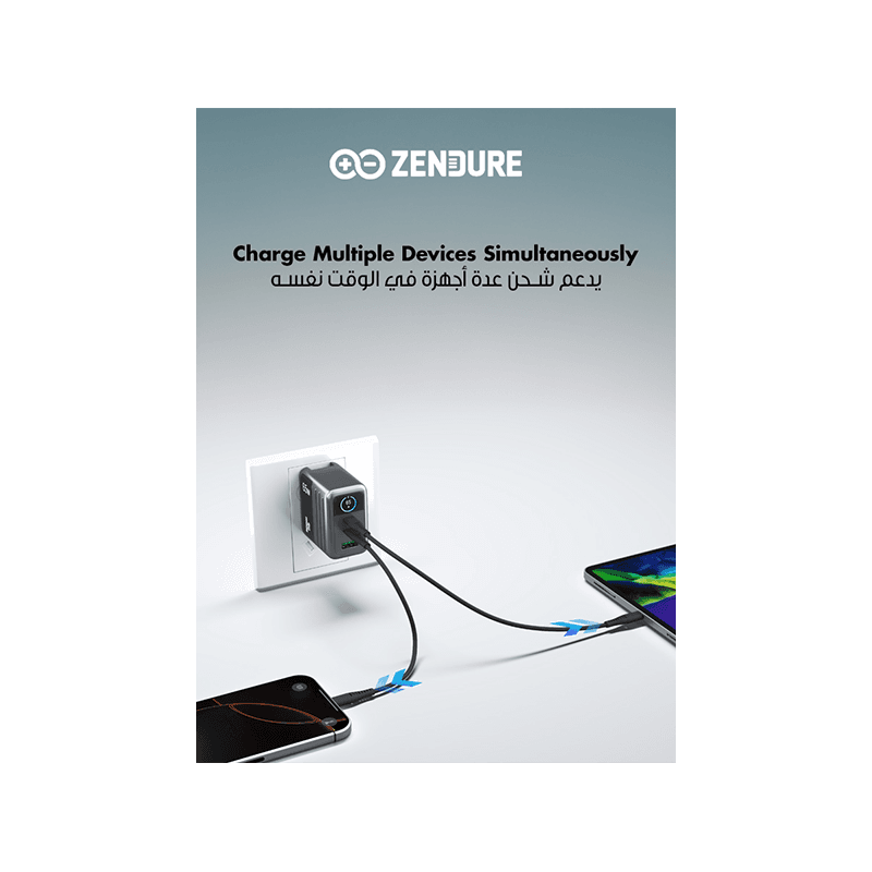 Zendure 2-Port USB-C and 1-Port USB-A 65W Wall Charger - Dark Grey