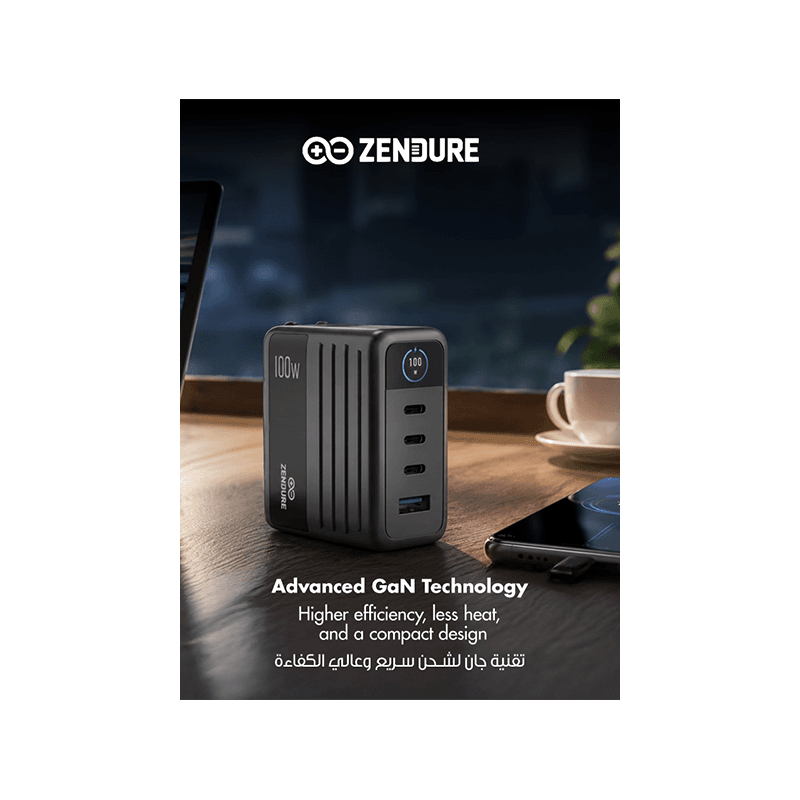 Zendure 3-Port USB-C and 1-Port USB-A 100W Wall Charger - Dark Grey