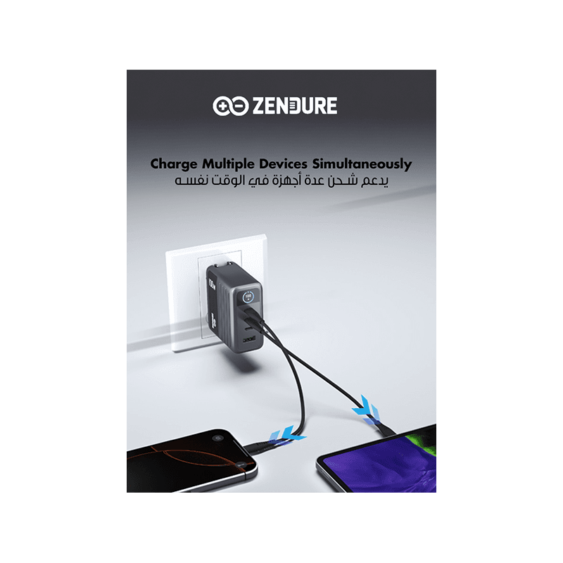 Zendure 3-Port USB-C and 1-Port USB-A 100W Wall Charger - Dark Grey
