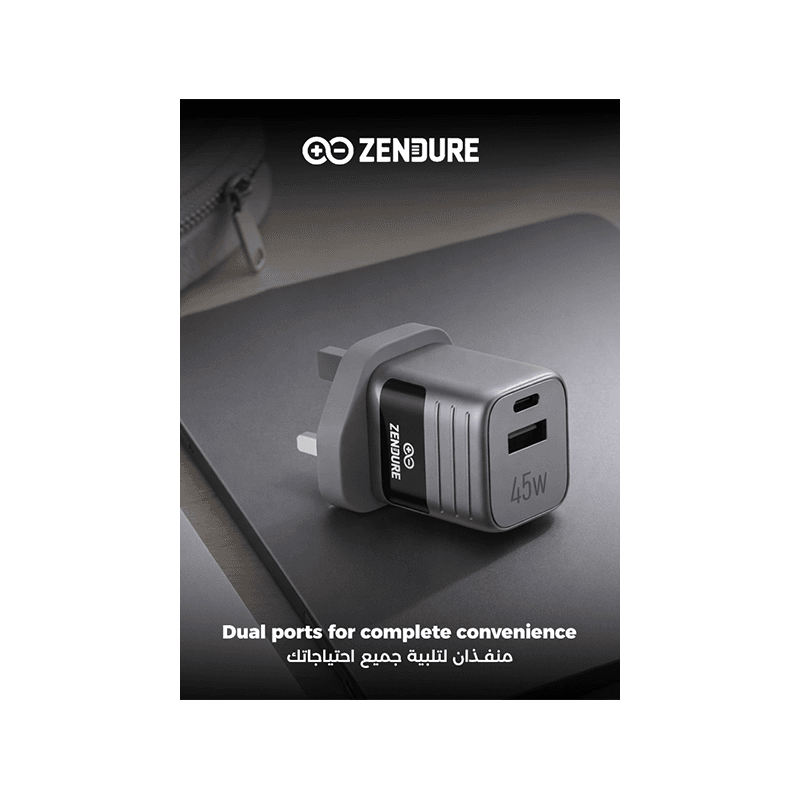 Zendure SuperMini Hybrid 1-Port USB-C and 1-Port USB-A 45W Fast Wall Charger - Silver/Black