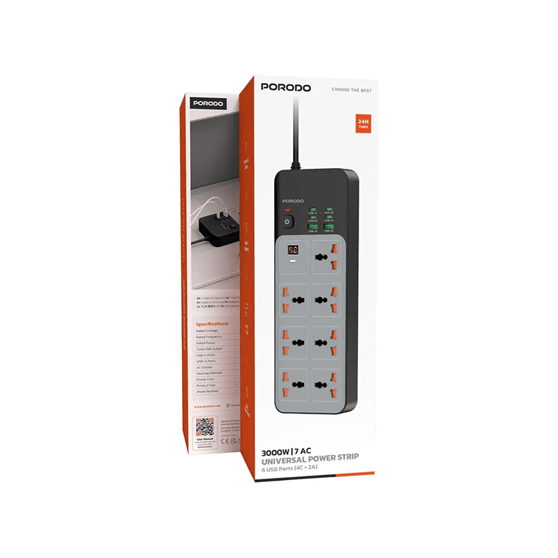 Porodo 2 USB-A + 4 USB-C + 7 Power Sockets With 3M Cable - Black