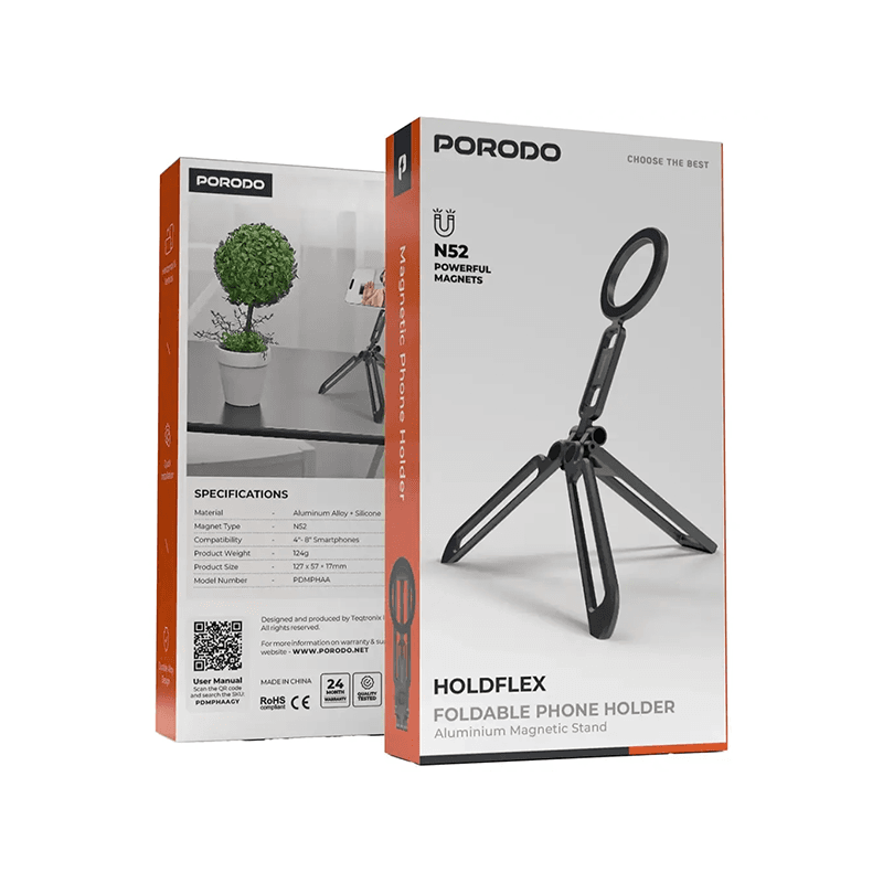 Porodo Holdflex Foldable Phone Holder with Aluminum Magnetic Stand - Gray