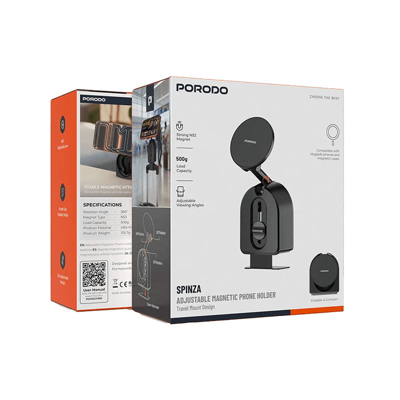 Porodo Spinza Adjustable Magnetic Phone Holder - Black