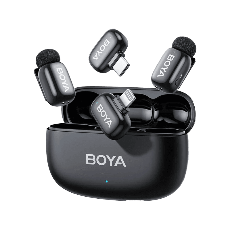 Boya Mini 2-01 Wireless Microphone with Ai Noise Cancellation USB-C + Lightning Connector With Charging Case (2TX+1RX) - Black