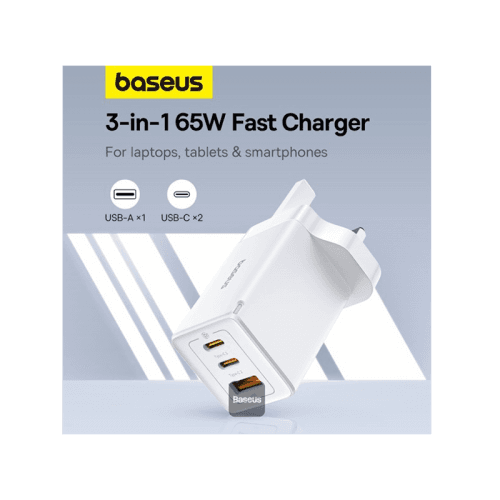 Baseus GaN5 Pro 2-Port USB-C and 1-Port USB-A 65W Wall Charger - Moon White (Baseus Xiaobai USB-C to USB-C 100W Cable 1m - White)