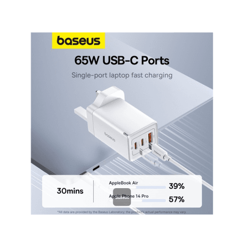 Baseus GaN5 Pro 2-Port USB-C and 1-Port USB-A 65W Wall Charger - Moon White (Baseus Xiaobai USB-C to USB-C 100W Cable 1m - White)