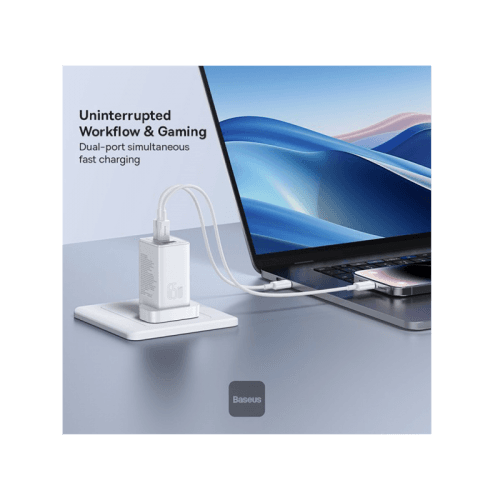 Baseus GaN5 Pro 2-Port USB-C and 1-Port USB-A 65W Wall Charger - Moon White (Baseus Xiaobai USB-C to USB-C 100W Cable 1m - White)