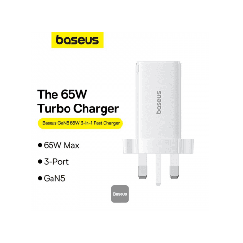 Baseus GaN5 Pro 2-Port USB-C and 1-Port USB-A 65W Wall Charger - Moon White (Baseus Xiaobai USB-C to USB-C 100W Cable 1m - White)