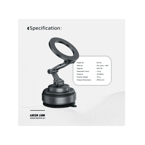 Green Lion GX-36 360° Rotation MagSafe Vacuum Suction Phone Holder - Grey