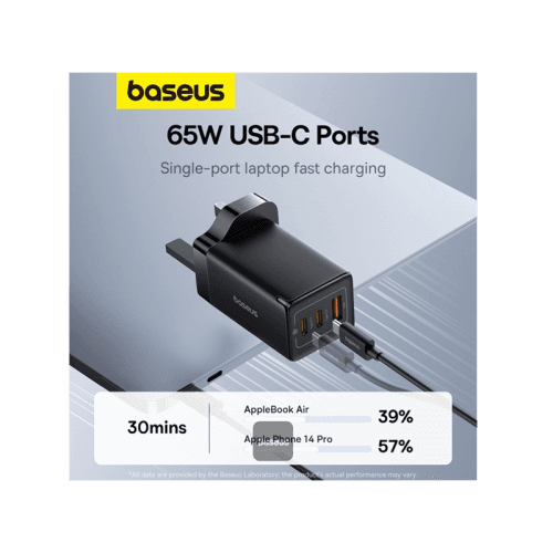 Baseus GaN5 Pro 2-Port USB-C and 1-Port USB-A 65W Wall Charger - Cluster Black (Baseus Xiaobai USB-C to USB-C 100W Cable 1m - Black)