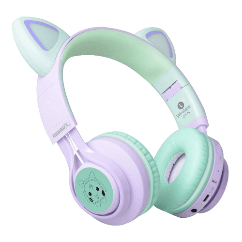 Riwbox Cat Ear Bluetooth Headphones With LED for Kids - Purple / Green