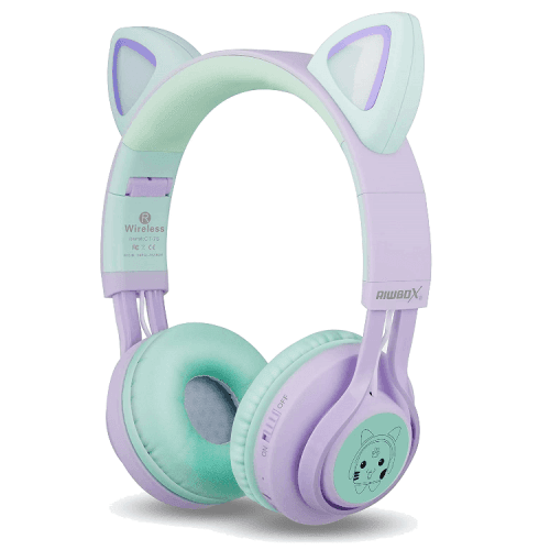 Riwbox Cat Ear Bluetooth Headphones With LED for Kids - Purple / Green