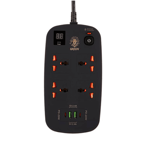 Green 4 AC Socket + 2 USB-A + 2 USB-C PD 40W Multiport Socket With 3M Cable - Black