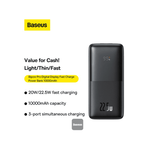 Baseus Bipow Pro 10000mAh Display Fast Charging Power Bank - Black (USB-A to USB-C 0.3M Cable - Black)