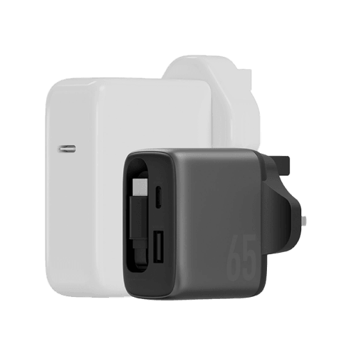 Energea Ampcharge Arc 65 1-Port USB-C, 1-Port USB-A & 1-USB-C Retractable Cable 65W GaN Wall Charger - Gunmetal