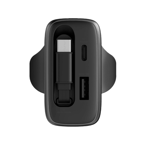 Energea Ampcharge Arc 65 1-Port USB-C, 1-Port USB-A & 1-USB-C Retractable Cable 65W GaN Wall Charger - Gunmetal