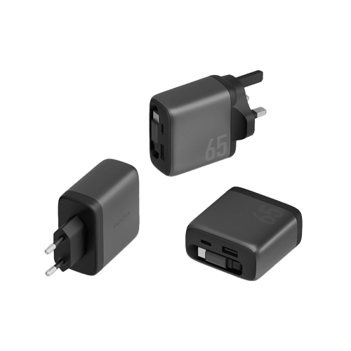 Energea Ampcharge Arc 65 1-Port USB-C, 1-Port USB-A & 1-USB-C Retractable Cable 65W GaN Wall Charger - Gunmetal