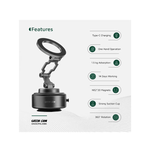 Green Lion GX-30 360° Rotation MagSafe Auto Suction Phone Holder - Matte Black