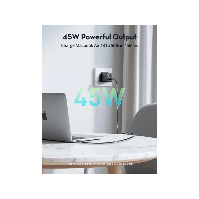 RavPower 1-Port USB-C and 1-Port USB-A PD 45W GaN Wall Charger - Black