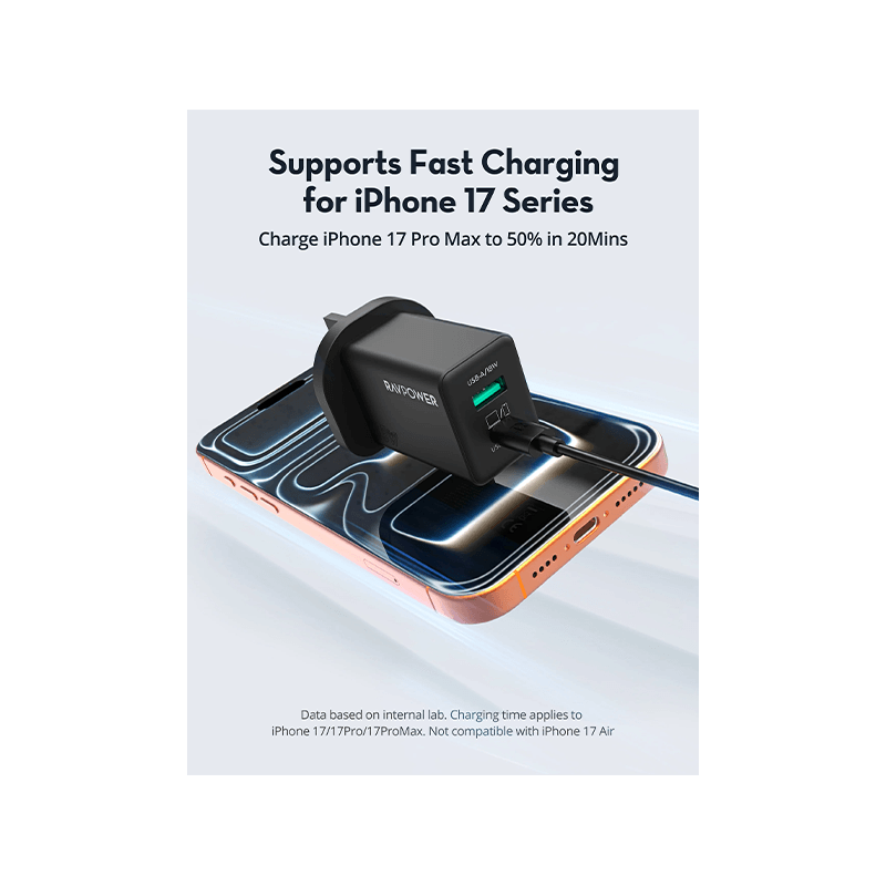 RavPower 1-Port USB-C and 1-Port USB-A PD 45W GaN Wall Charger - Black