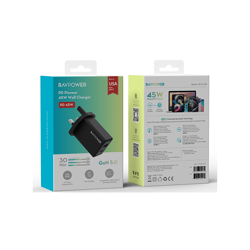 RavPower 1-Port USB-C and 1-Port USB-A PD 45W GaN Wall Charger - Black