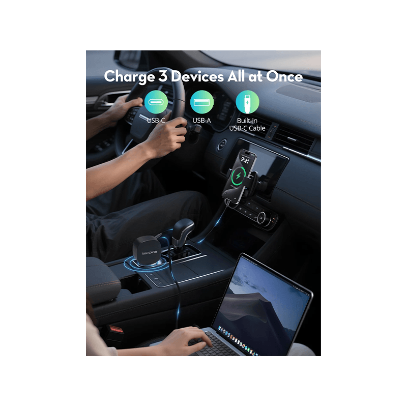 RavPower 1-Port USB-C and 1-Port USB-A PD 60W Car Charger With build in USB-C Cable - Black