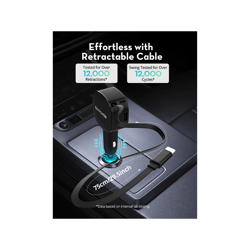 RavPower 1-Port USB-C and 1-Port USB-A PD 60W Car Charger With build in USB-C Cable - Black