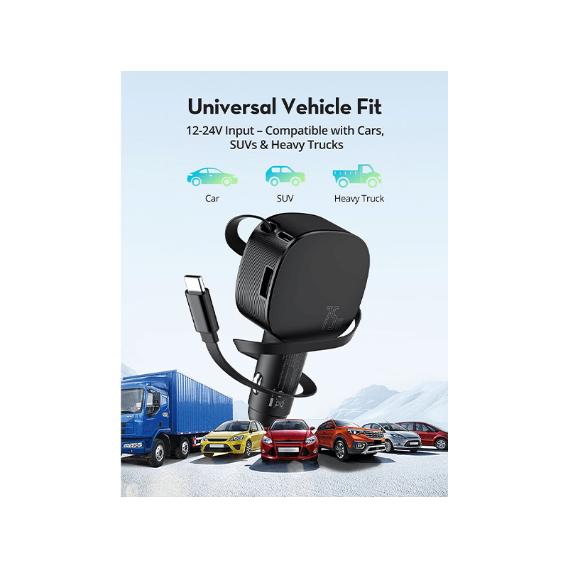 RavPower 1-Port USB-C and 1-Port USB-A PD 60W Car Charger With build in USB-C Cable - Black
