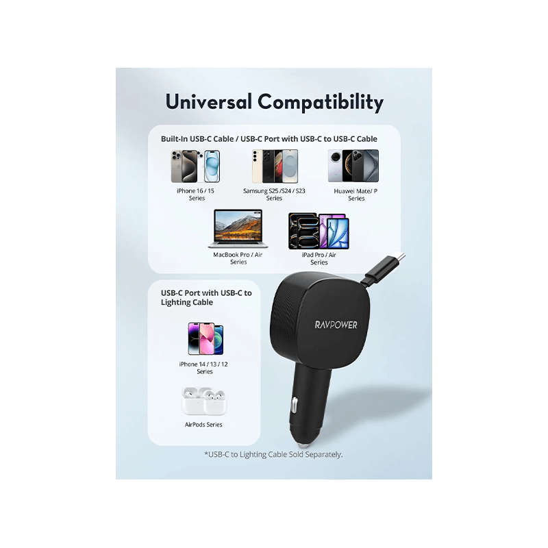 RavPower 1-Port USB-C and 1-Port USB-A PD 60W Car Charger With build in USB-C Cable - Black