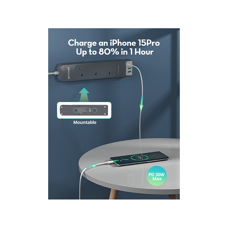 RavPower 1-Port USB-C and 2-Port USB-A PD30 3 AC Multiport Socket With 3M Cable