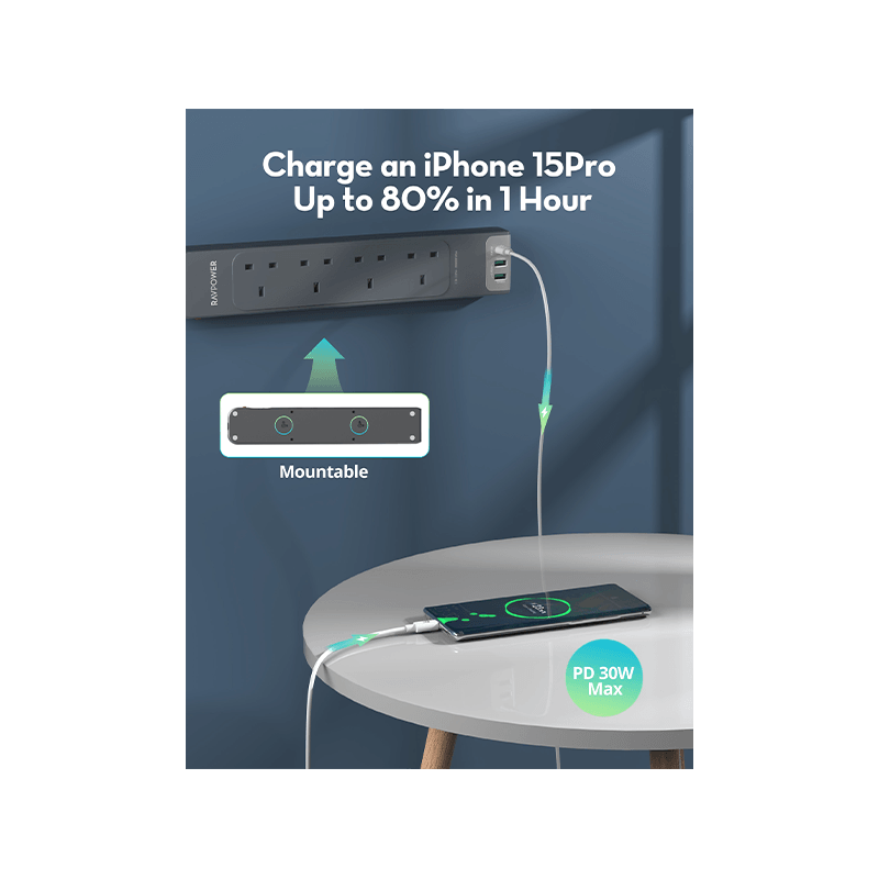 RavPower 1-Port USB-C and 2-Port USB-A PD30 4 AC Multiport Socket With 3M Cable