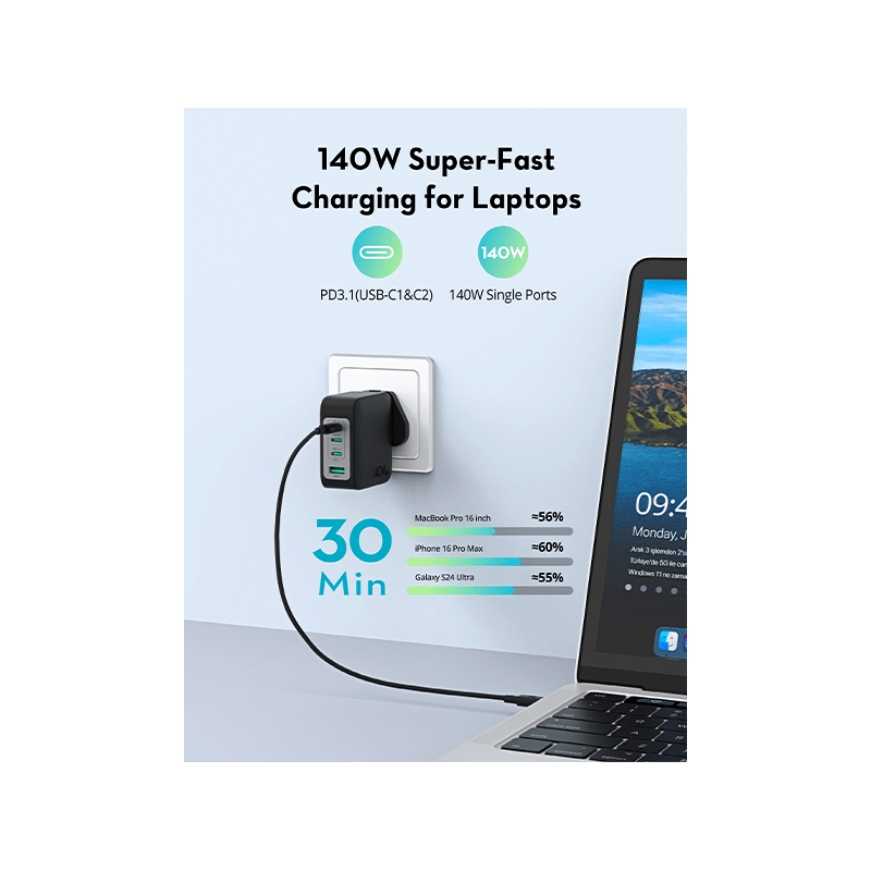 RavPower 3-Port USB-C and 1-Port USB-A PD140W Wall Charger - Black