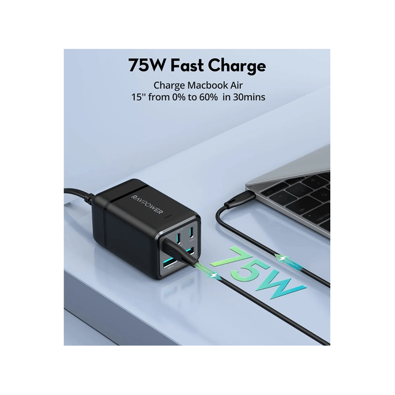 RavPower 3-Port USB-C and 2-Port USB-A 1 AC Socket 75W Desk Charger - Black