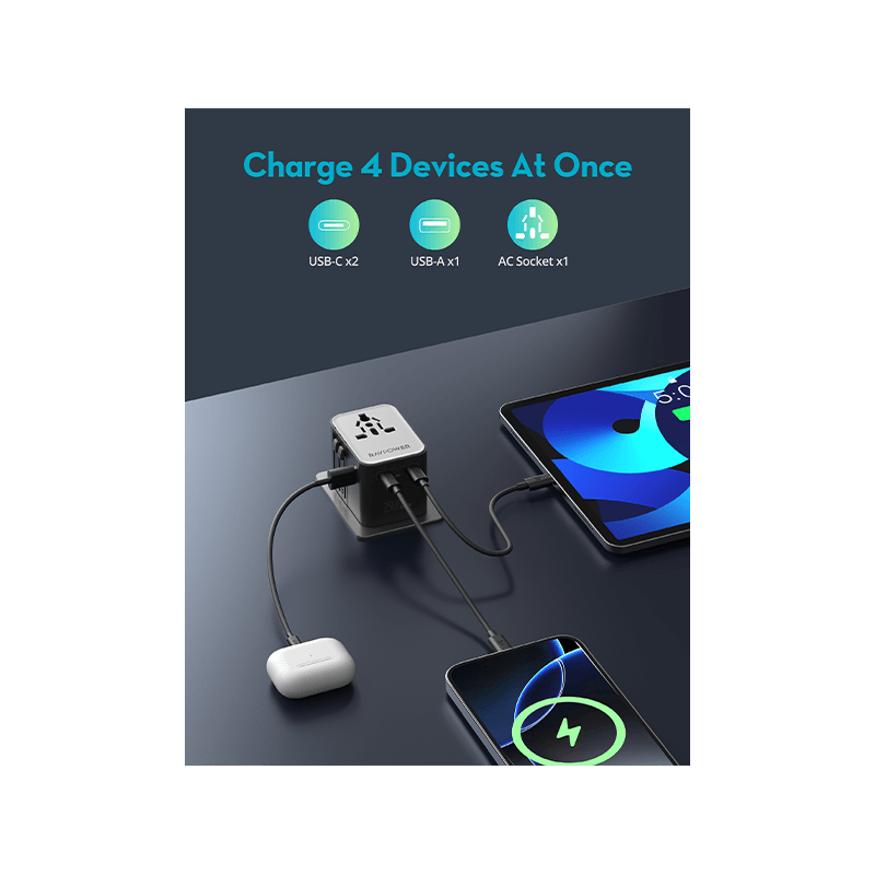 RavPower 4-in-1 3-Port PD GaN 25W Travel Adapter - Black