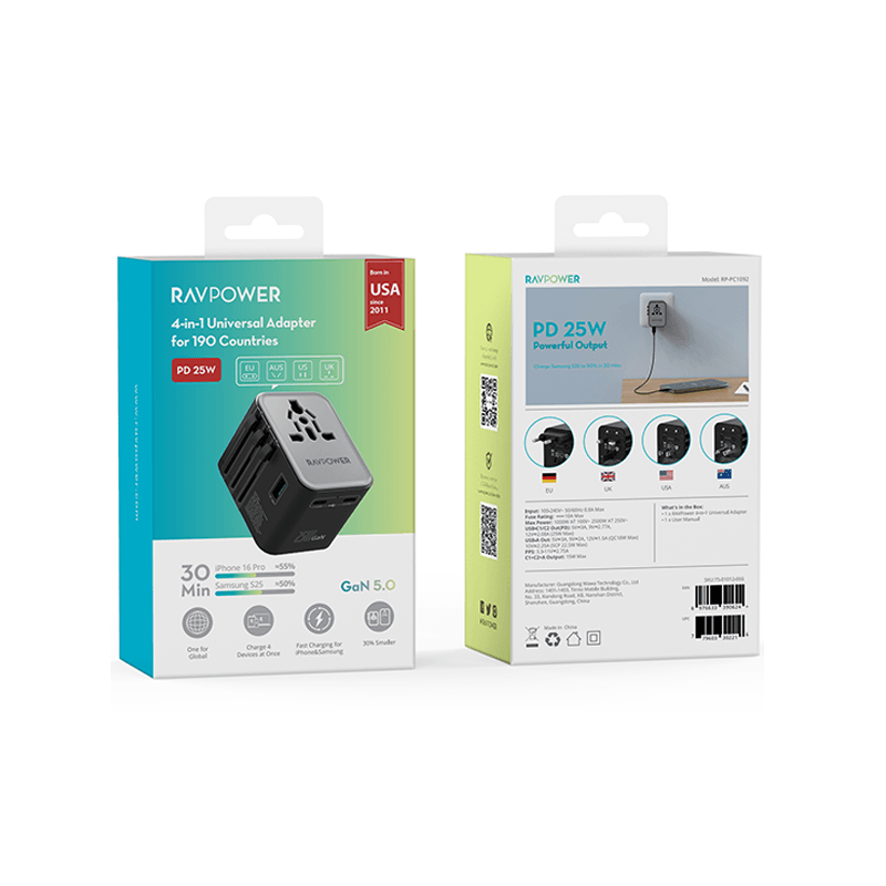 RavPower 4-in-1 3-Port PD GaN 25W Travel Adapter - Black