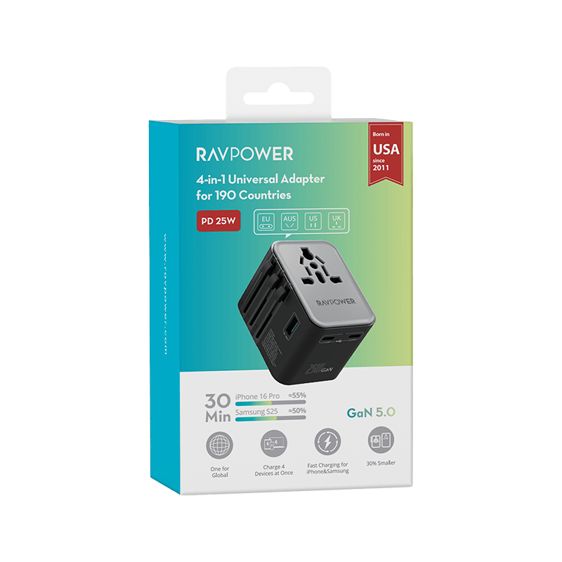 RavPower 4-in-1 3-Port PD GaN 25W Travel Adapter - Black