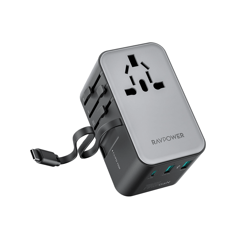RavPower 5-in-1 3-Port PD GaN 70W Travel Adapter With USB-C Retractable Cable - Black