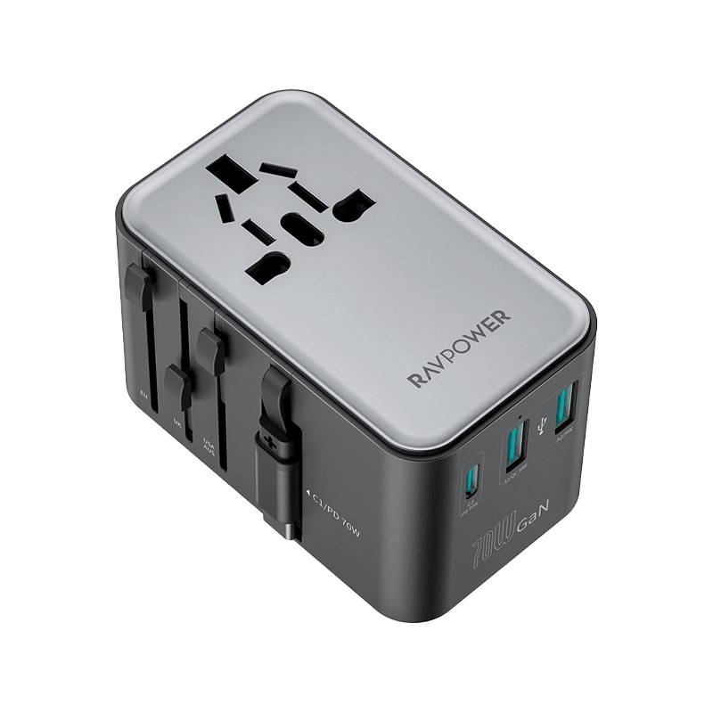 RavPower 5-in-1 3-Port PD GaN 70W Travel Adapter With USB-C Retractable Cable - Black