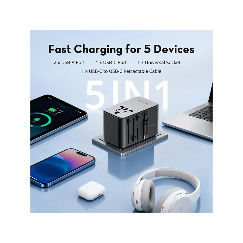 RavPower 5-in-1 3-Port PD GaN 70W Travel Adapter With USB-C Retractable Cable - Black