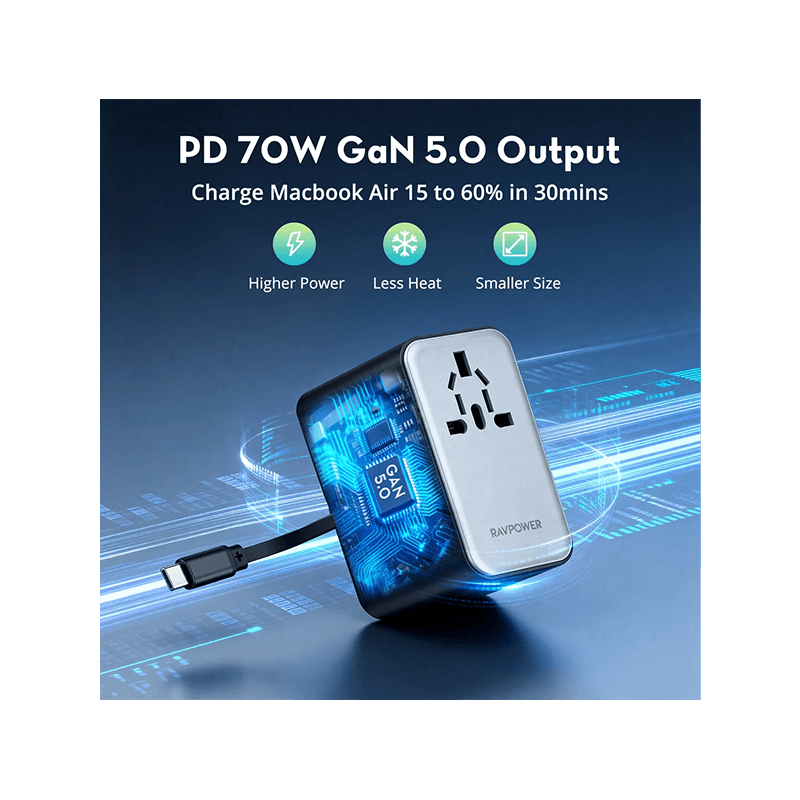 RavPower 5-in-1 3-Port PD GaN 70W Travel Adapter With USB-C Retractable Cable - Black