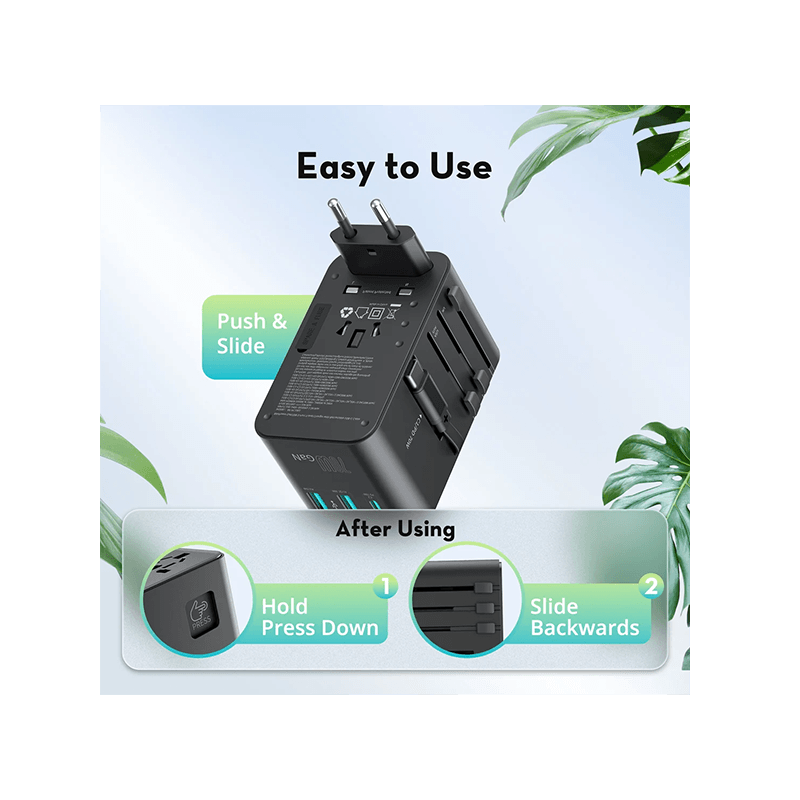 RavPower 5-in-1 3-Port PD GaN 70W Travel Adapter With USB-C Retractable Cable - Black