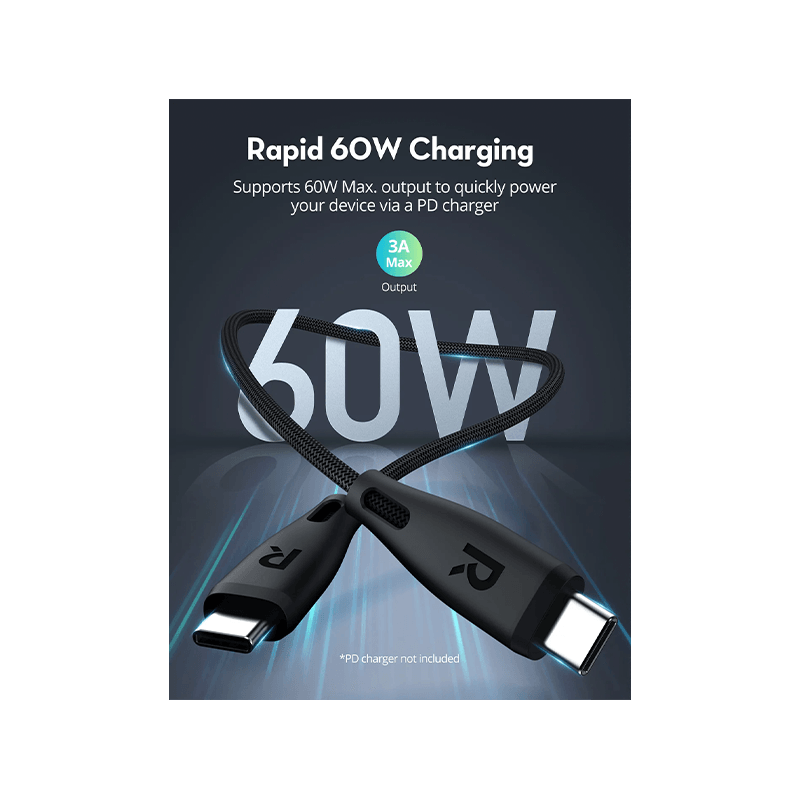 RavPower 60W USB-C to USB-C Cable 1.2M - Black