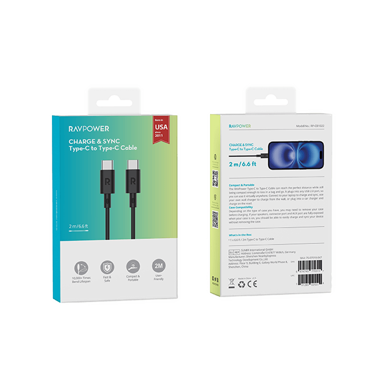 RavPower 60W USB-C to USB-C Cable 2M - Black